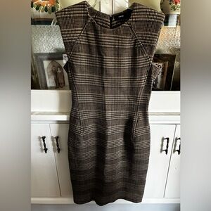 Theory Brown Plaid BodyCon Midi Dress Capped Sleeves size 6